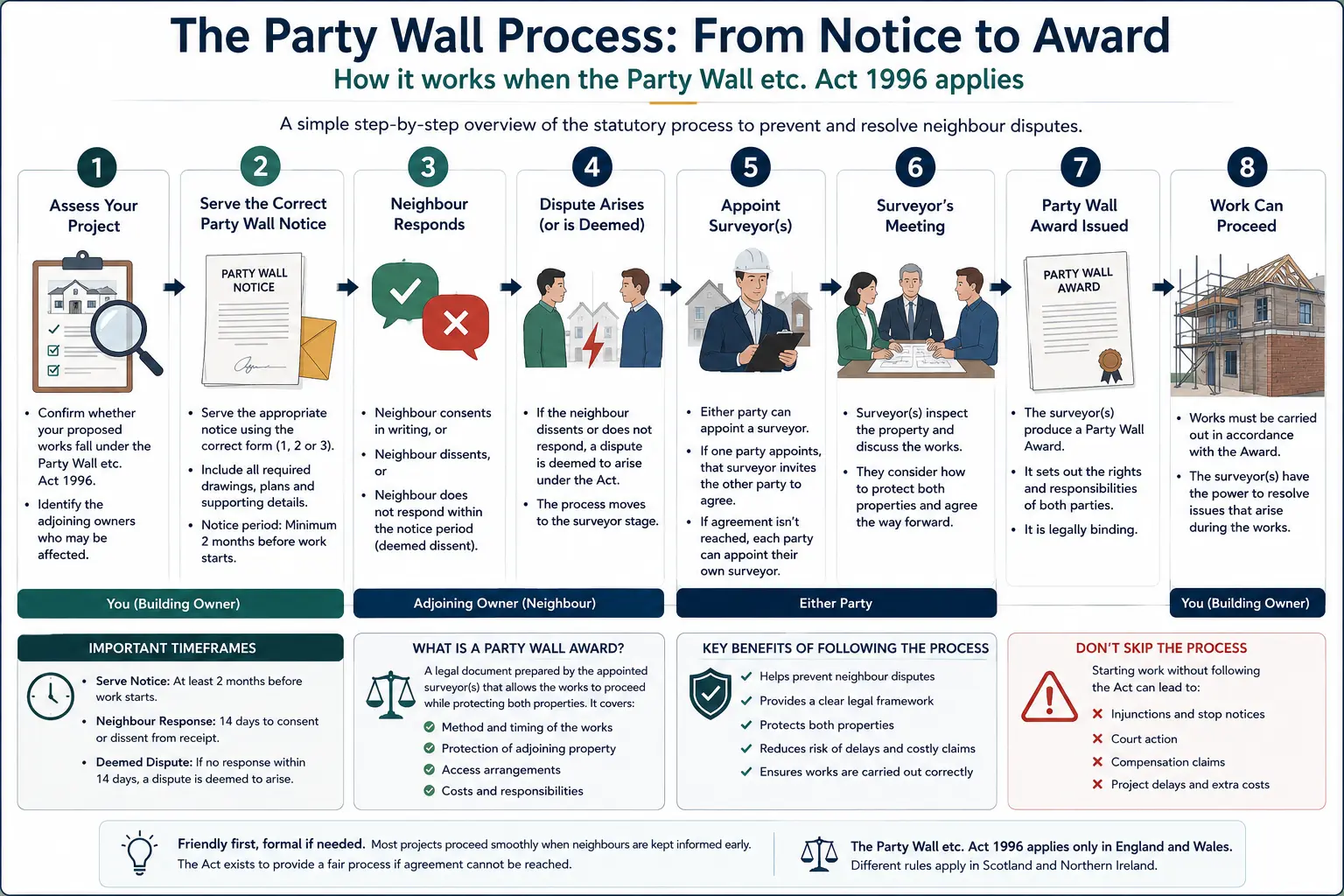 Do I Need a Party Wall Agreement? An infographic showing the party wall process from notice to award in a very interactive way for the citizens living in Derby, UK
