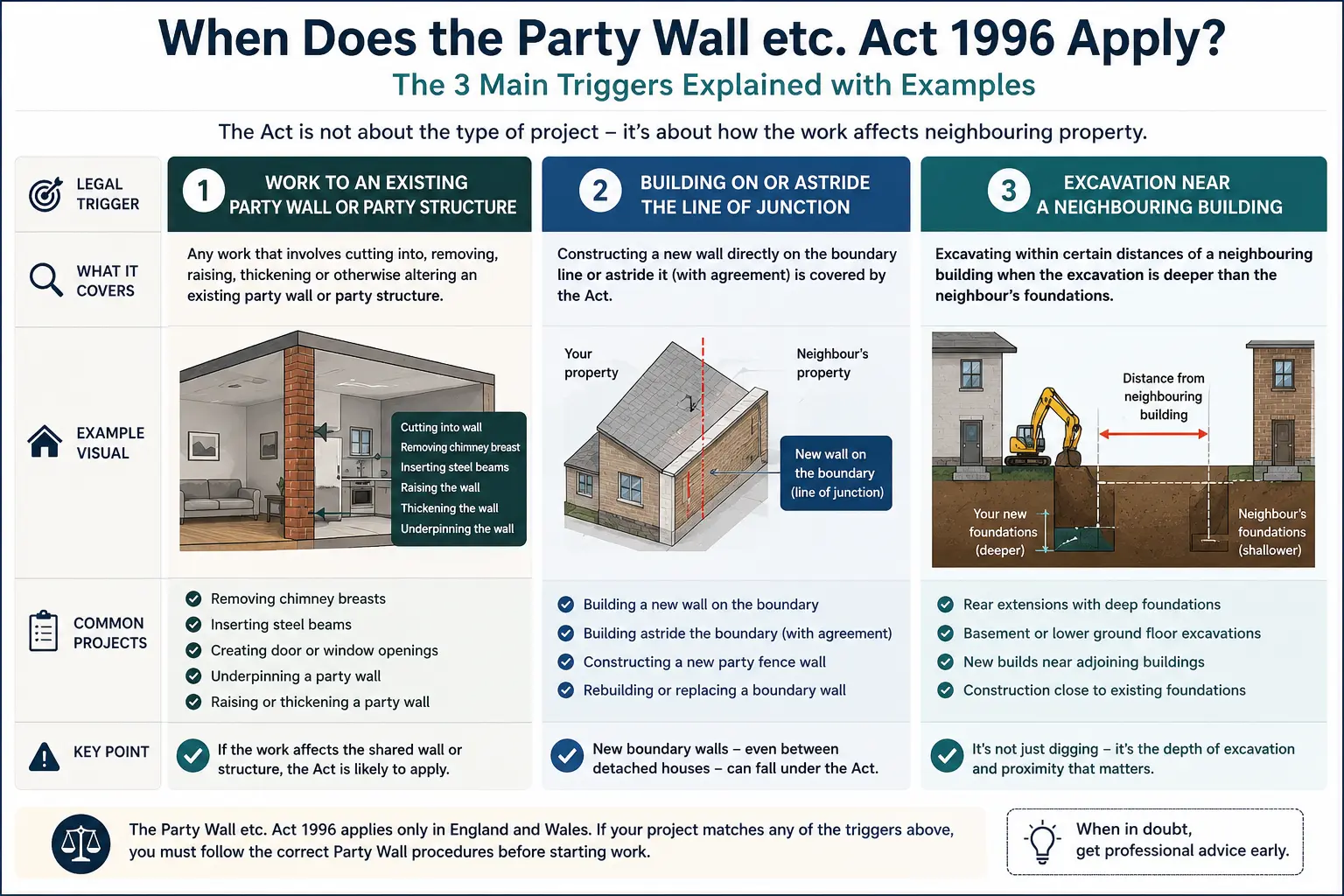 Do I Need a Party Wall Agreement? An infographic showing when does the party wall etc act 1996 apply like excavation, junction, painting, in Derby, UK
